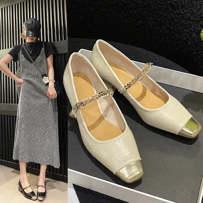 Women's French Chunky Heel Mary Jane Shoes Cream