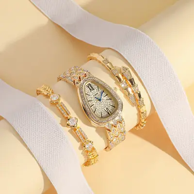 New Fashion Women's Snake Head Watch + Bracelet Set with Luminous Diamonds