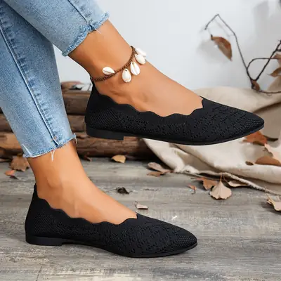 Women's Fashionable Pointed Toe Flat Large Size Shoes 2025 New Ruffled Shallow Mouth Slip-On Knitted Shoes