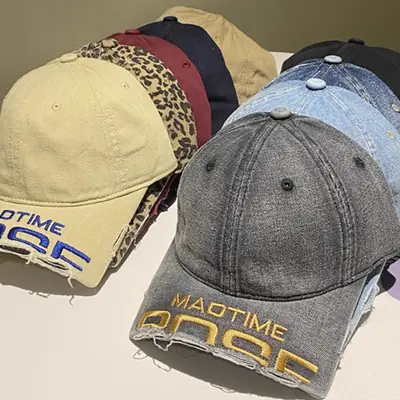 Women Distressed Denim Baseball Cap with Broken Eave & Embroidered Letter