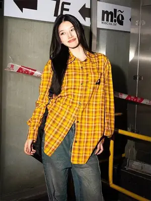 American Yellow Plaid Shirt Women's Spring New Dopamine Shirt Jacket Loose Casual Retro Couple Top