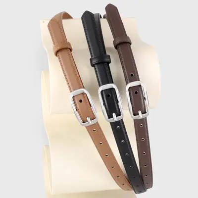 Black Genuine Leather Women's Belt with Square Buckle