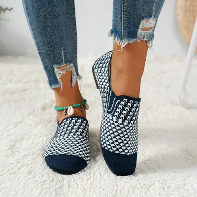 Women Knitted Round Toe Flat Shoes Navy White Plus Size