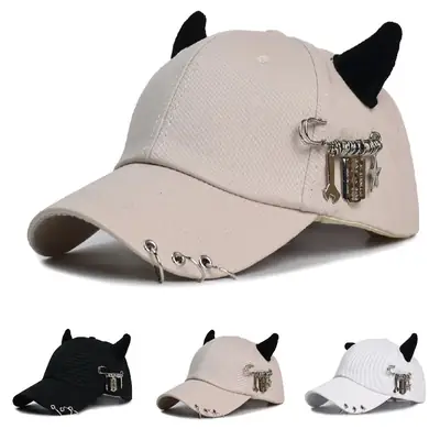 Women's White Korean Style Cow Ear Baseball Cap with Iron Ring