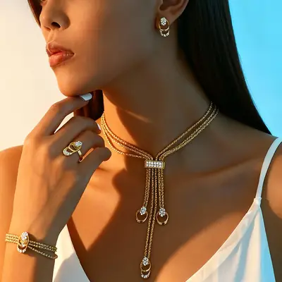 Gold Plated European Necklace Set with Diamond Earrings