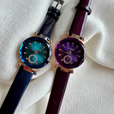 Women's Korean Rhinestone Quartz Watch Red Leather Belt
