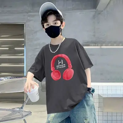 Kids Cotton T-Shirt Red Headphones Print Summer Casual