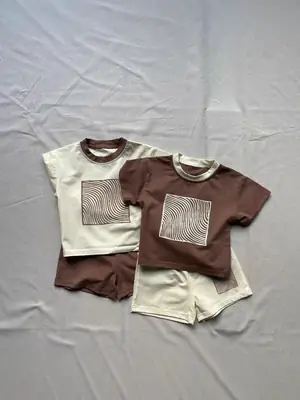 Korean Style Printed Shorts Set for Boys Girls Brown Cream