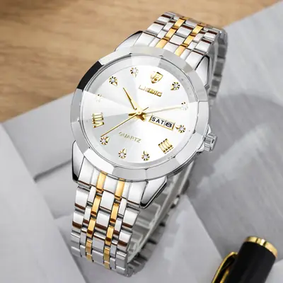 Men's Stainless Steel Watch with Gold Dial and Bracelet
