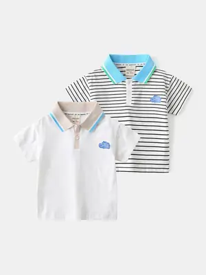 Boys White Cotton Polo Shirt with Blue Trim