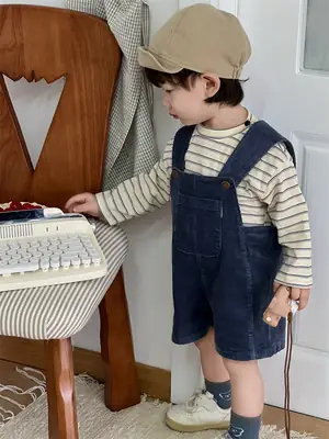 Kids Spring Outfit Striped T-Shirt Corduroy Overalls Set