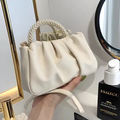 Women's Pearl-Handle Shoulder Bag Cream Soft Silk