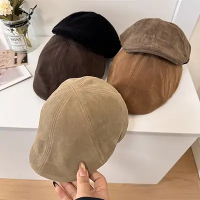 Women Brown Suede Forward Hat Autumn Winter