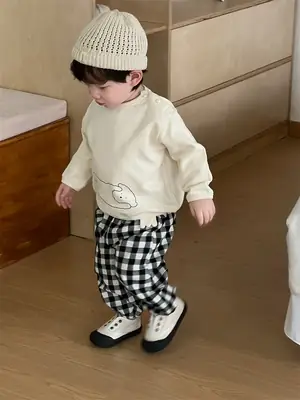 Kids Korean Style Cotton T-Shirt Plaid Pants Set