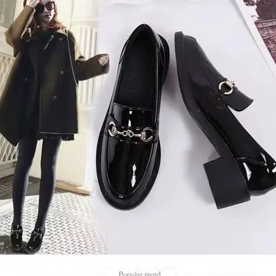 Women's Black Leather Heel Shoes with Gold Buckle