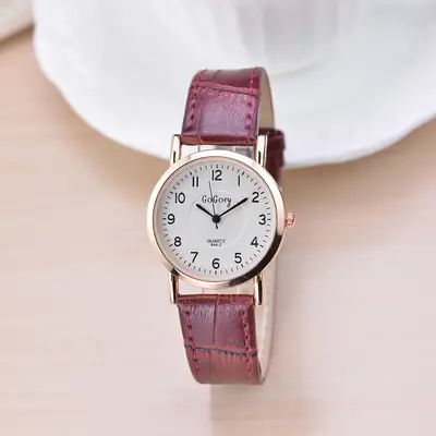 Women Quartz Watch with Digital Pointer Scale Brown Leather Band