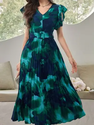 Tie-Dye Pleated Waist Belt Dress Green Blue