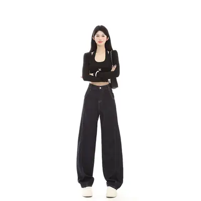 Dark Blue Fleece High-Waist Loose Jeans for Tall Women