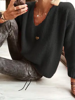 Grey Woolen V Neck Pullover Top for Women