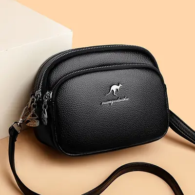 Black Soft Leather Three Layer Crossbody Bag for Women