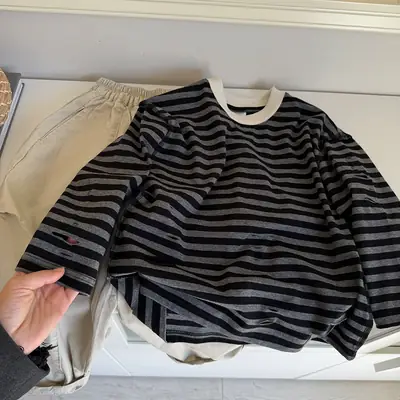 2025 Spring Striped T-Shirt for Boys Retro Loose Fit