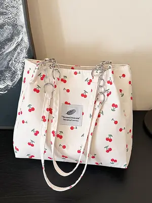 Women Cherry Print Canvas Shoulder Bag 2025