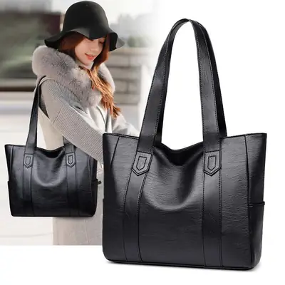 Black Leather Tote Bag for Women Large Capacity Shoulder Crossbody