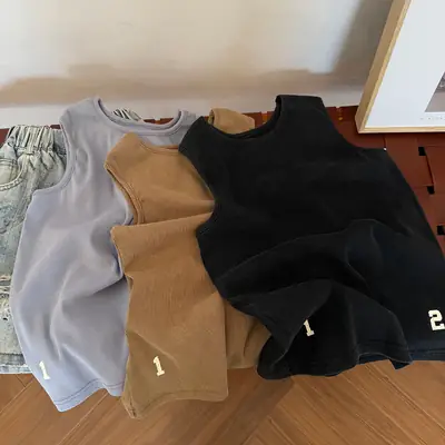 Boys Sleeveless Vest Vest T-Shirt Black Brown Grey 2025