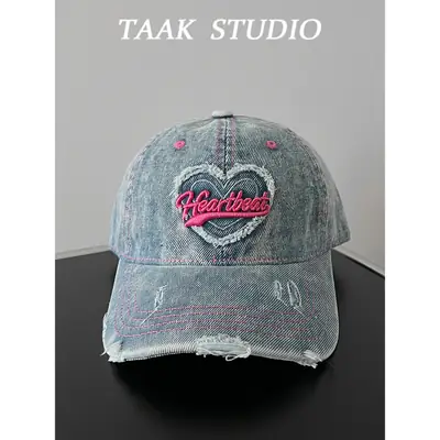 South Korea Washed Denim Heart Embroidered Cap