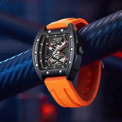 Men's Swiss Watch Orange Strap Hollow Quartz Large Dial