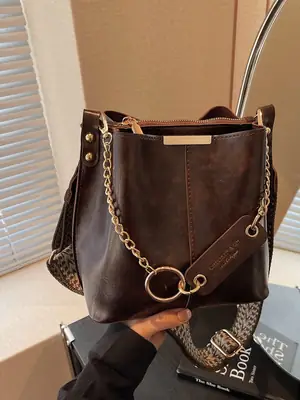 Brown Leather Shoulder Bag with Gold Chain & Ring Design