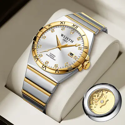 Wristwatch Men Gold Silver Quartz Calendar Waterproof