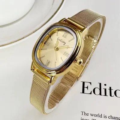 Gold Mesh Band Women's Quartz Watch with Medieval Design