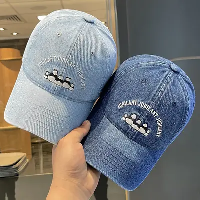 Washed Denim Vintage Embroidered Bear Cap Blue