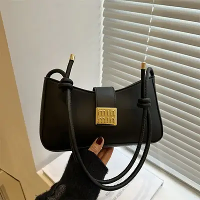 Black French Leather Shoulder Bag with Gold Plated Logo