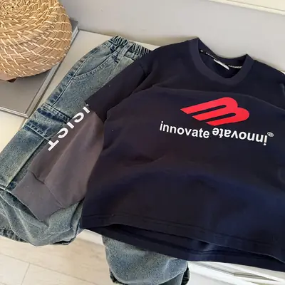 Boys T-shirt Blue Red Logo Kids Western Style 2025
