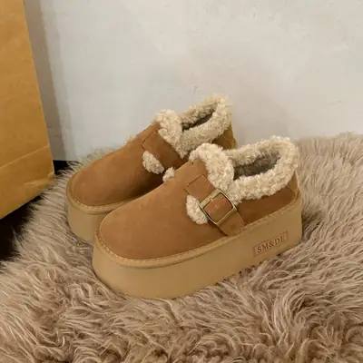 Women Thick-Soled Slip-On Loafers Belt Buckle Winter