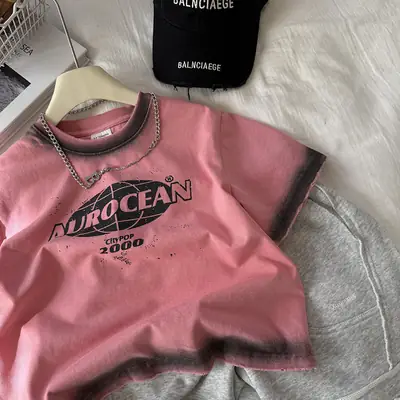 Kids Korean Style Pink Printed T-Shirt 2025 Spring Summer