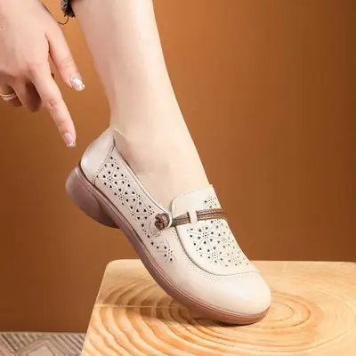 Hole-Decorated Leather Mother Sandals Comfortable Flat