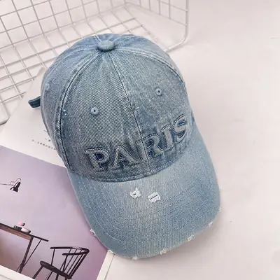 Women Paris Print Wash Denim Cap Big Head Sunshade