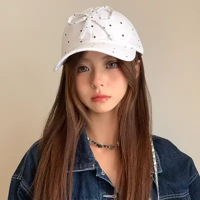 Women's White Polka Dot Bow Cap with Sunshade