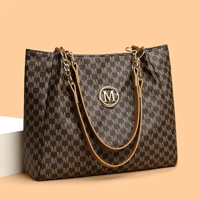 Women's Crossbody Tote Bag Brown Checkered Gold Chain