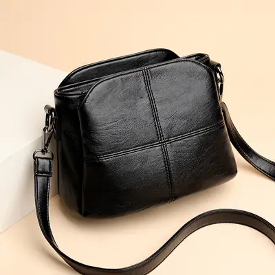 Black Leather Crossbody Bag for Women Middle Age