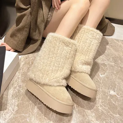 Women's Cream Plush Snow Boots Warm Short Tube Heigh-Increasing
