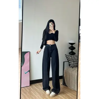 Dark Blue Fleece High Waist Loose Jeans for Tall Women