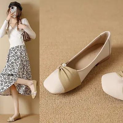 Women's Beige Bow Flat Shoes Square Toe