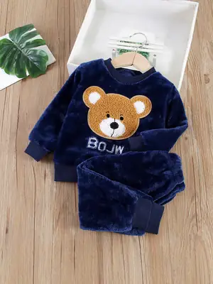 Green Cat Embroidered Flannel Pajama Set for Baby