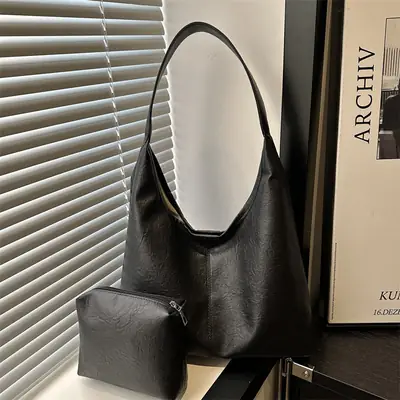 2025 Korean Style Black Leather Tote Bag with Crossbody & Zipper Compartment