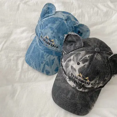 Kids Bear Ears Denim Caps Blue Black Hip Hop Style