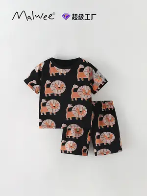 Malwee Boys Printed Cotton Shorts Set Black Elephant Summer